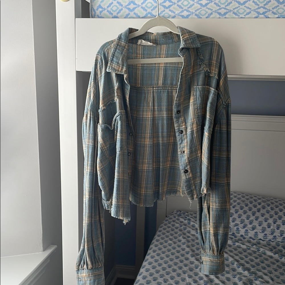 Altar'd State Blue and Tan Plaid Button-Down Shirt